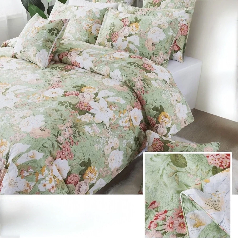 NEW Anthro Green Pink Floral Cotton Queen / King Cotton Bedding Duvet & Sham Set